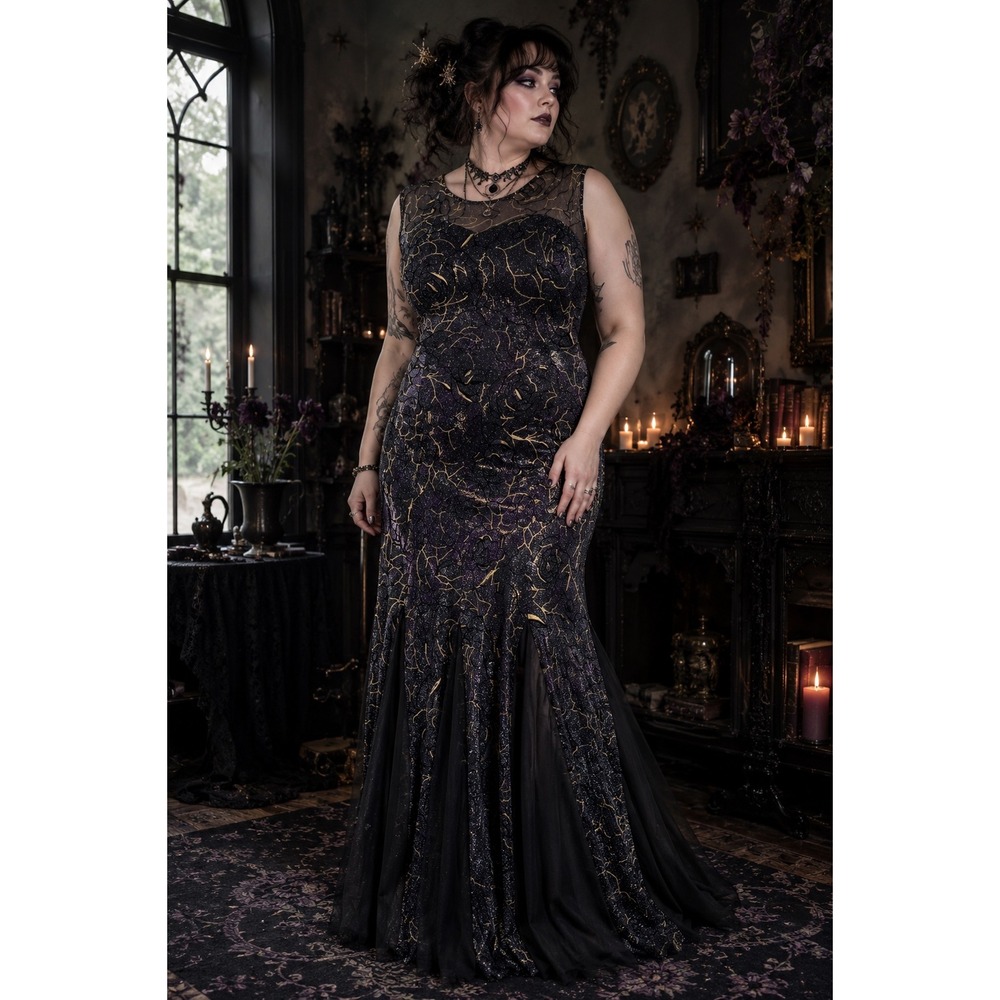 Candalite XL Black Gold Metallic Rose Floral Sleeveless Maxi Gown Dress